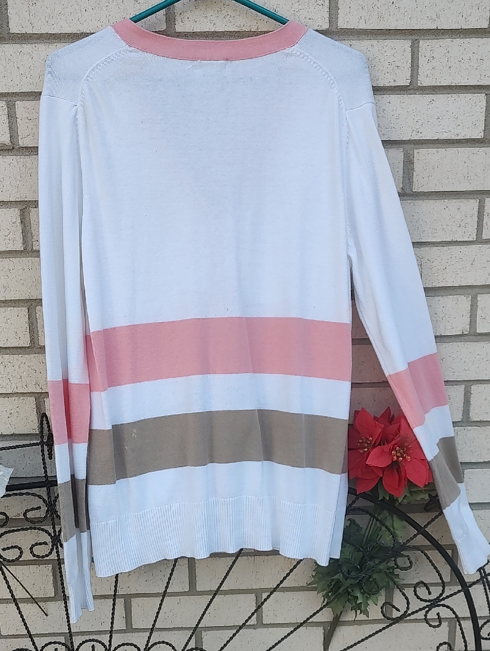 Izod White Pink and Tan Striped V-Neck Cardigan - Picture 8 of 9